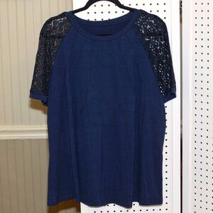 Plus Size 4X Shein Dark Navy Blue Pleated Short Modest Lace Sleeve Tunic Top